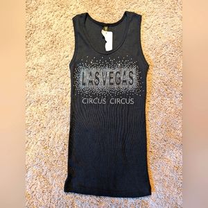 Ribbed Las Vegas Circus Circus tank top, silver studded in black.